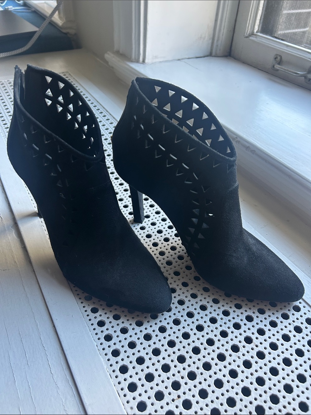 Tamara Mellon Black Suede Laser-Cut Stiletto Ankle Booties
